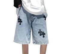KIHFSODN Men's Jeans Vintage Blue Denim Shorts Baggy Y2K Streetwear Boyfriend Washed Wide Leg Summer Knee Length Casual Harajuku High Waist Shorts(Blue,3XL)