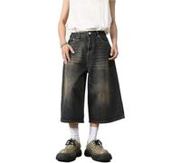 KIHFSODN Men's Short Jeans Shorts Baggy Retro Hip Hop Street Wear Shorts 3/4 Length Short Cargo Pants Men Casual Plus Size Loose Straight Fit Skate Pants(Blue,M)