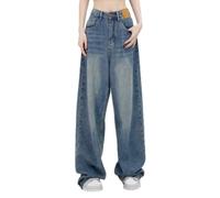 KIHFSODN Women's High Waisted Baggy Jeans Vintage Wide Straight Leg Boyfriend Denim Cargo Trousers with Pockets Y2K Hip Hop Jeans Baggy Jeans Straight Leg Washed Jeans(Blue,XXL)