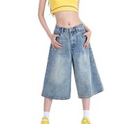 KIHFSODN Womens Jorts Denim Shorts Y2k Vintage Baggy Mid Rise Bermuda Jeans Summer Knee Length Jort Short Pants(Blue,XXL)