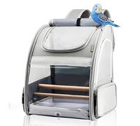 KiiDAS Pet Bird Carrier Parrots Backpack for Travelling Hiking, With Stainless Steel Tray & 2 Standing Perch, Breathable Birds Travel Cage for Small Birds, Conures, Green Cheek, Cockatiel (Light Gray)