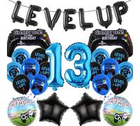 Kiikinlokk 13th Blue Game Birthday Decorations - 33 Pieces Video Game Birthday Decorations Level Up Letter 13 Number Foil Balloon Game Controller Round Star Foil Balloon for Boys 13th Birthday Party Decorations