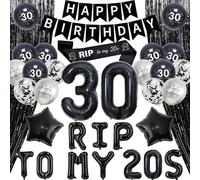 Kiikinlokk 30th Birthday Decorations - Death to My 20s, Happy Birthday Banner, RIP Sash, Foil Fringe Curtains, Foil Balloons, Gothic Humor, Black & White, Metallic, 46 Count
