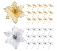 Kiiwah 30pcs Artificial Christmas Tree Flowers Glitter Poinsettia Decorations Silver and Gold Christmas Tree Ornament Christmas Party Decor
