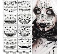 Kiiwah 8 Sheets Halloween Temporary Face Tattoos, 3D Glowing Halloween Face Tattoos Stickers Spider Witch Zombie Temporary Tattoos Makeup for Halloween Rave Party Fright Night