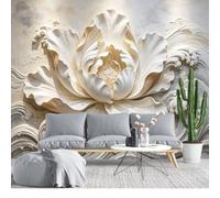 KIJSKKOPO 3D Embossed Cream Peony Wall Mural280Lx400Wcm, Sculptural Ocean Wave Relief Silk Fabric Paper, Large Floral Wall Art Decor for Living Room Bedroom Home Interior Silk Fabric Paper 2