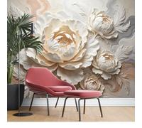 KIJSKKOPO 3D Peony Flower Wall Mural Wallpaper140Lx200Wcm, Floral Relief Sculpture Silk Fabric Large Wall Art, White Textured Flower Decor for Living Room Bedroom Accent Silk Fabric Paper 1