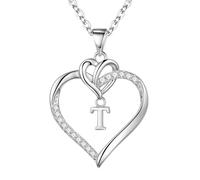 KIJSKKOPO 925 Sterling Silver Heart Necklace, 26 A-Z Name Initials Letters Pendant Necklace with Zirconia Personalized Jewellery for Birthday Valentines Gift Mothers Day Silver T