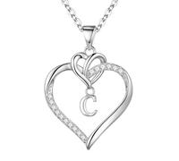 KIJSKKOPO 925 Sterling Silver Heart Necklace, 26 A-Z Name Initials Letters Pendant Necklace with Zirconia Personalized Jewellery for Birthday Valentines Gift Mothers Day Silver C