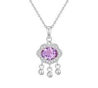 KIJSKKOPO 925 Sterling Silver Necklace, Traditional Chinese Peace Lock Inlay Oval Cut Zircon Birthstone Pendant Adjustable Choker Necklace Jewellery Birthday Gem Gift Purple