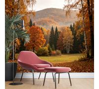 KIJSKKOPO Autumn Forest Wall Mural with Birch and Fir Trees 105X150Cm Golden Woodland Landscape with Mountain View On Silk Fabric Large Wall Art for Living Room Bedroom Silk Fabric Wallpaper 105Lx 1