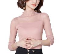 KIJSKKOPO Black Mesh Long Sleeve Top for Women, Transparent Half Turtleneck Shiny Sheer Mesh T Shirt Pullover Shirt Sexy Bodycon Tunic Blouse Party Club Going Out Cropped Tops Pink Xs