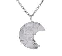 KIJSKKOPO Crescent Moon Stone Necklace, Natural Reiki Amethyst Tree Of Life Wire Wrapped Energy Gemstone Chakras Crystal Pendant Necklace Jewelry Gift for Women Men Teens White Crystal