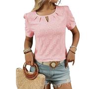 KIJSKKOPO Crew Neck Short Sleeve Women's T Shirts, Pink Plain Hollow Diamond Lattice Flowers Pullover Shirt Summer Casual Stylish Slim Fit Daily Outing Work Blouse Top Pink M