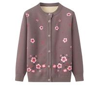 KIJSKKOPO Elderly Fleece Lined Knitted Cardigan Sweaters, Khaki Crew Neck Long Sleeve Button Floral Print Knit Coat Jacket Old Lady Grandma Winter Warm Sherpa Knit Outerwear Tops Khaki M