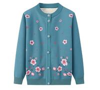 KIJSKKOPO Elderly Fleece Lined Knitted Cardigan Sweaters, Khaki Crew Neck Long Sleeve Button Floral Print Knit Coat Jacket Old Lady Grandma Winter Warm Sherpa Knit Outerwear Tops Blue M