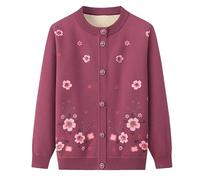 KIJSKKOPO Elderly Fleece Lined Knitted Cardigan Sweaters, Khaki Crew Neck Long Sleeve Button Floral Print Knit Coat Jacket Old Lady Grandma Winter Warm Sherpa Knit Outerwear Tops Dark Pink M