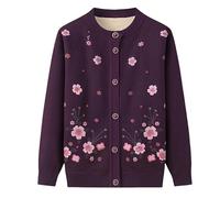KIJSKKOPO Elderly Fleece Lined Knitted Cardigan Sweaters, Khaki Crew Neck Long Sleeve Button Floral Print Knit Coat Jacket Old Lady Grandma Winter Warm Sherpa Knit Outerwear Tops Purple M