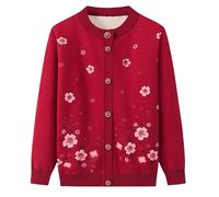 KIJSKKOPO Elderly Fleece Lined Knitted Cardigan Sweaters, Khaki Crew Neck Long Sleeve Button Floral Print Knit Coat Jacket Old Lady Grandma Winter Warm Sherpa Knit Outerwear Tops Red S