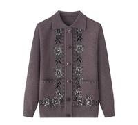 KIJSKKOPO Elderly Knitted Cardigan Sweaters, Dark Green Lapel Long Sleeve Flower Jacquard Hot Drilling Knit Coat with Pocket Old Lady Grandma Fitted Outwear Tops Brown L