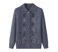 KIJSKKOPO Elderly Knitted Cardigan Sweaters, Dark Green Lapel Long Sleeve Flower Jacquard Hot Drilling Knit Coat with Pocket Old Lady Grandma Fitted Outwear Tops Grey M