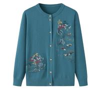 KIJSKKOPO Elderly Knitted Cardigan Sweaters Jacket, Black Crew Neck Button Floral Plant Embroidery Knit Sweater Coat Old Lady Grandma Casual Lightweight Warm Knit Outwear Tops Blue Xs