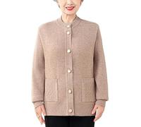 KIJSKKOPO Elderly Thin Fleece Lined Winter Knitted Cardigan Sweaters, Khaki Crew Neck Button Down Diamond Twist Pocket Knit Pockets Coat Old Lady Grandma Slim Warm Transition Knitwear Khaki L