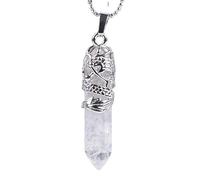 KIJSKKOPO Hexagonal Point Crystals Stone Pendant Necklaces Jewellery, Natural Reiki Black Onyx Silver Loong Wrapped Energy Gemstone Chakra Pendant Viking Necklace for Women Men White Crystal