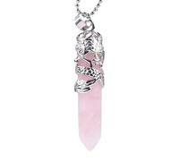 KIJSKKOPO Hexagonal Point Crystals Stone Pendant Necklaces Jewellery, Natural Reiki Black Onyx Silver Loong Wrapped Energy Gemstone Chakra Pendant Viking Necklace for Women Men Rose Quartz