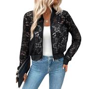 KIJSKKOPO Lace Bomber Jacket Women, Black Long Sleeve See Through Rose Flower Lace Zip Up Cropped Jacket Summer Slim Fit Lightweight Tops Elegant Coat for Dress Qipao Evening Black L