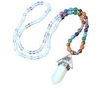 KIJSKKOPO Long 7 Chakra Bead Necklace for Women, Hexagonal Crystal Triangle Tree Of Life Pendant Mala Prayer Beads Meditation Gemstone Necklace Spiritual Jewellery Gifts Opal