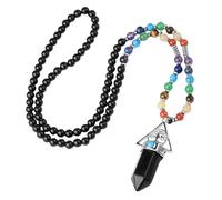 KIJSKKOPO Long 7 Chakra Bead Necklace for Women, Hexagonal Crystal Triangle Tree Of Life Pendant Mala Prayer Beads Meditation Gemstone Necklace Spiritual Jewellery Gifts Black Obsidian