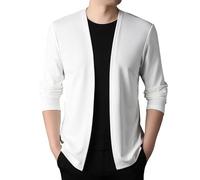 KIJSKKOPO Men's Long Sleeve Cardigans, Beige Open Front Collarless Cardigan Kimono Jackets Spring Autumn Casual Slim Fit Lightweight Transition Coat Tops White M