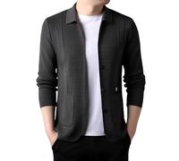 KIJSKKOPO Men's Long Sleeve Knitted 3 Buttons Cardigan Jacket, Grey Open Front Lapel Stretch Knit Lightweight Transition Jackets Casual Soft Slim Fit Outerwear Tops with Pocket Grey L