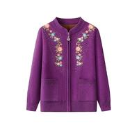 KIJSKKOPO Middle Aged and Elderly Fleece Lined Knit Cardigan Sweaters, Purple Long Sleeve Zip Up Floral Embroidery Kintted Coat Old Lady Winter Warm Slim Knitwear with Pocket Purple XL