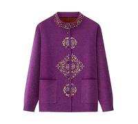 KIJSKKOPO Middle Aged and Elderly Fleece Lined Knit Cardigan Sweaters, Red Long Sleeve Crew Neck Buttons Totem Print Kintted Coat Old Lady Winter Warm Slim Knitwear with Pocket Purple M