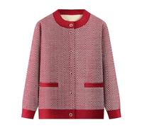 KIJSKKOPO Middle Aged and Elderly Fleece Lined Knit Cardigan Sweaters, Red Long Sleeve Crew Neck Buttons Ripple Knitted Coat Old Lady Gr andma Winter Warm Slim Knitwear Jacket Red Xs