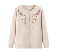 KIJSKKOPO Middle-Aged and Elderly Knitted Cardigan Sweaters, Beige Long Sleeve Crew Neck Buttons Floral Embroidery Knit Jacket Old Lady Grandma Slim Thin Coat Knitwear Tops Beige L