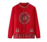 KIJSKKOPO Middle Aged and Elderly Knitted Cardigan Sweaters, Purple Long Sleeve Round Neck Buttons Character Fu Knit Jacket Old Lady Gr andma Slim Knitwear Coat Red L