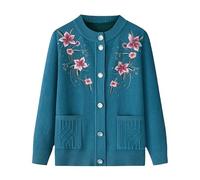 KIJSKKOPO Middle-Aged and Elderly Thin Fleece Lined Knitted Cardigan, Blue Crew Neck Buttons Floral Embroidery Knit Coat with Pocket Old Lady Grandma Winter Warm Knitwear Jackets Blue L