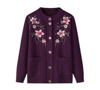 KIJSKKOPO Middle-Aged and Elderly Thin Fleece Lined Knitted Cardigan, Blue Crew Neck Buttons Floral Embroidery Knit Coat with Pocket Old Lady Grandma Winter Warm Knitwear Jackets Dark Purple M