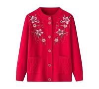 KIJSKKOPO Middle-Aged and Elderly Thin Fleece Lined Knitted Cardigan, Blue Crew Neck Buttons Floral Embroidery Knit Coat with Pocket Old Lady Grandma Winter Warm Knitwear Jackets Red M