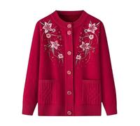 KIJSKKOPO Middle-Aged and Elderly Thin Fleece Lined Knitted Cardigan, Blue Crew Neck Buttons Floral Embroidery Knit Coat with Pocket Old Lady Grandma Winter Warm Knitwear Jackets Dark Red L