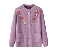 KIJSKKOPO Middle-Aged and Elderly Thin Fleece Lined Knitted Cardigan, Blue Crew Neck Buttons Floral Embroidery Knit Coat with Pocket Old Lady Grandma Winter Warm Knitwear Jackets Light Purple M