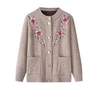 KIJSKKOPO Middle-Aged and Elderly Thin Fleece Lined Knitted Cardigan, Blue Crew Neck Buttons Floral Embroidery Knit Coat with Pocket Old Lady Grandma Winter Warm Knitwear Jackets Camel S