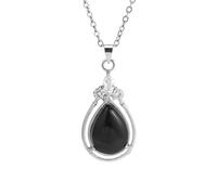 KIJSKKOPO Natural Blue Sand Stone Teardrop Pendant Necklace, Silver Cubic Zirconia Elegant Dainty Crystal Gemstone Jewelry for Women Mom Granny Mother'S Day Birthday Anniversary Black Obsidian