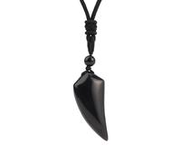 KIJSKKOPO Natural Energy Stone Necklace, Natural Black Obsidian Wolf Tooth Shape Beads Pendant Adjustable Cord Viking Choker Necklace Jewelry Gift for Women Men Teens Black Obsidian