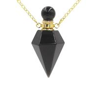 KIJSKKOPO Natural Stone Cone Perfume Bottle Necklace Gold Reiki Amethyst Hexagonal Point Chakras Essential Oil Diffuser Pendant Crystal Energy Gemstone Necklace Jewellery Gift Black Obsidian