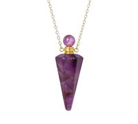KIJSKKOPO Natural Stone Cone Perfume Bottle Necklace Gold Reiki Hexagonal Pointed 7 Chakras Essential Oil Diffuser Pendant Crystal Energy Gemstone Necklace Jewellery Girls Amethyst