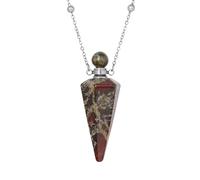 KIJSKKOPO Natural Stone Cone Perfume Bottle Necklace Silver Reiki Hexagonal Pointed 7 Chakras Essential Oil Diffuser Pendant Crystal Energy Gemstone Necklace Jewellery Gift Dragon Blood Stone